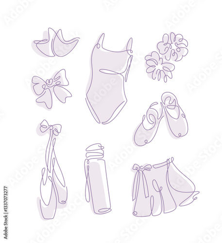 A minimalistic one-line drawing of a ballet supplies, pointe shoes, bow, skirt and others, depicted on a white background. A delicate continuous line vector illustration in light pink