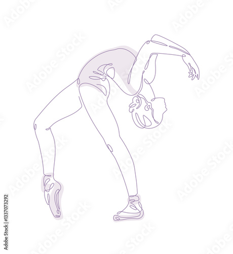 A minimalistic one-line drawing of a ballerina in a graceful standing pose, depicted on a white background. A delicate continuous line vector illustration in light pink