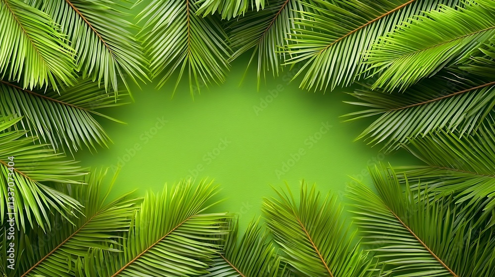 Fototapeta premium Palm leaves frame a green center on a summer backdrop, used for tropical background imagery