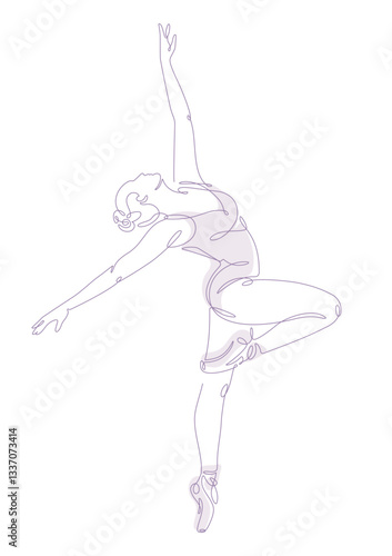 A minimalistic one-line drawing of a ballerina in a graceful arabesque pose, depicted on a white background. A delicate continuous line vector illustration in light pink