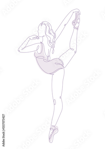 A minimalistic one-line drawing of a ballerina in a graceful standing pose, depicted on a white background. A delicate continuous line vector illustration in light pink
