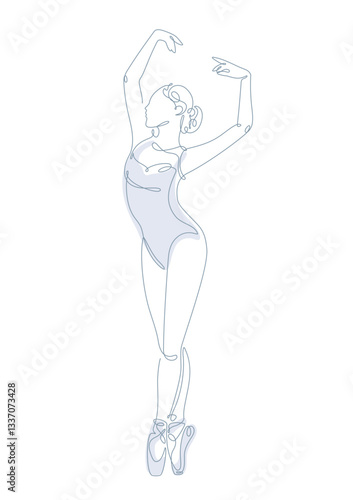 A minimalistic one-line drawing of a ballerina in a graceful pose, depicted on a white background. A delicate continuous line vector illustration in light blue