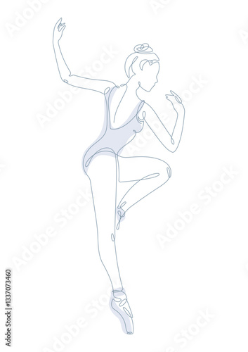 A minimalistic one-line drawing of a ballerina in a graceful pose, depicted on a white background. A delicate continuous line vector illustration in light blue