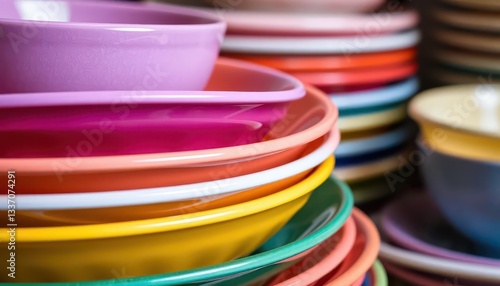 Vibrant stack of colorful ceramic plates and saucers, close-up, dishware, vibrant