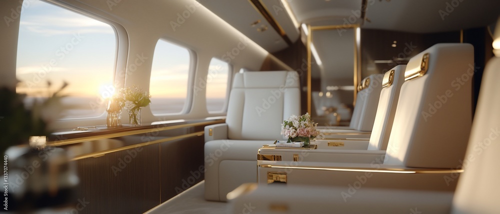 Obraz premium Luxurious private jet interior at sunset