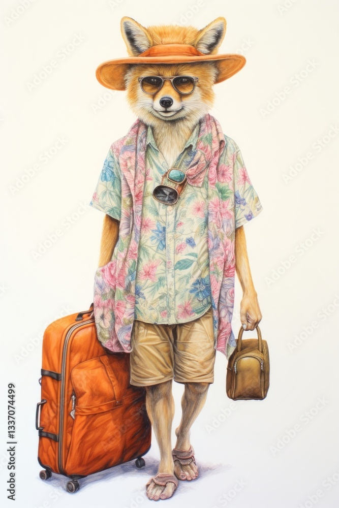 Fototapeta premium Fox character Summer Travel accessories accessory suitcase.