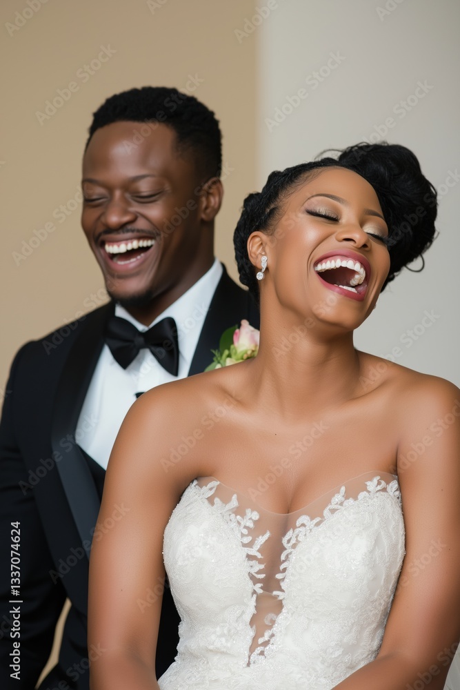 A bride and groom are smiling and laughing together. The bride is wearing a white dress and the groom is wearing a black suit A bride and groom are smiling and laughing together. The bride is wearing a white dress and the groom is wearing a black suit