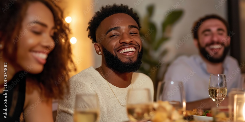 A group of people are sitting around a table, smiling and laughing. There are wine glasses and plates of food on the table. Scene is happy and relaxed A group of people are sitting around a table, smiling and laughing. There are wine glasses and plates of food on the table. Scene is happy and relaxed