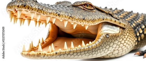 A menacing crocodile's gaping jaws, isolated on white background, wild, close-up