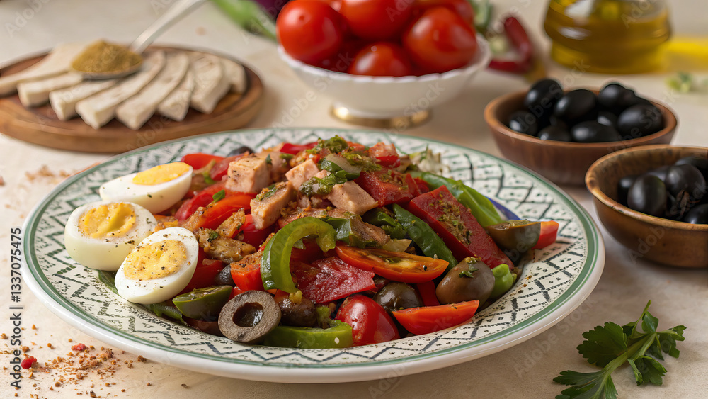 Meshuya salad - sweet peppers, tomatoes, onions and garlic sauteed in olive oil with tuna, eggs, olives or capers. Meshuya salad - sweet peppers, tomatoes, onions and garlic sauteed in olive oil with tuna, eggs, olives or capers.