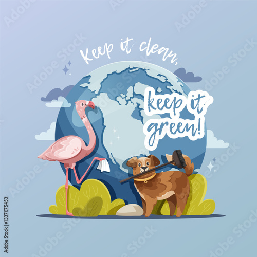 Cute dog and pink flamingo on a light blue background, cleaning nature. Eco-friendly concept with animals protecting the planet. Earth illustration, vector clip art
