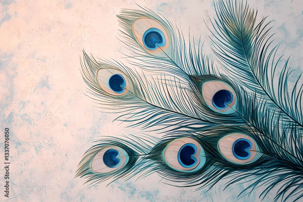 Obraz premium Close-up of a peacock feather with rich green and blue tones, highlighting intricate design, elegance, and texture, perfect for branding, illustrated book style
