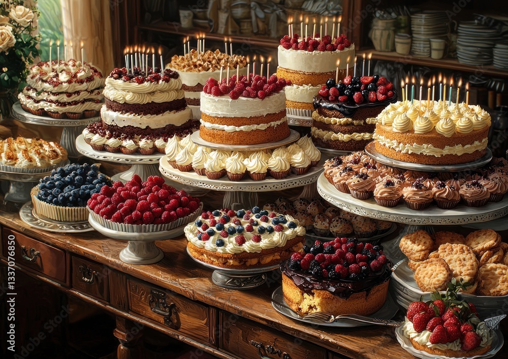 Extravagant display of cakes and pastries, a celebratory dessert extravaganza Extravagant display of cakes and pastries, a celebratory dessert extravaganza