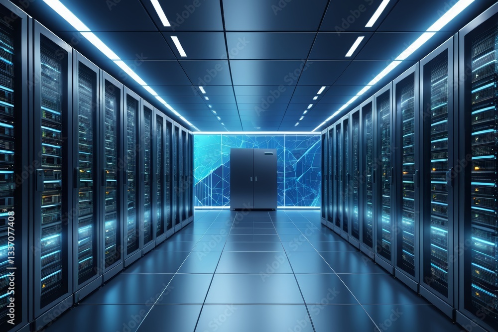 Fototapeta premium a dimly lit server room with rows of servers and a blue light