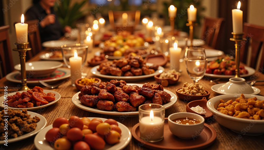 Fototapeta premium Lavishly set table with traditional Middle Eastern feast, festive gathering