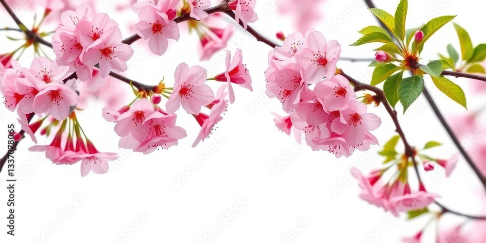 Isolated pink cherry blossoms on white background, vibrant spring scene, branch, sakura Isolated pink cherry blossoms on white background, vibrant spring scene, branch, sakura