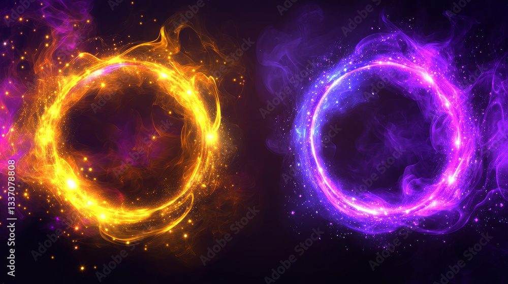 Fototapeta premium Circle halo light with overlay effect on transparent background. Realistic 3d vector illustration set of yellow and purple neon glow ring with sparkle, flare and smoke cloud. Circular magic frame.