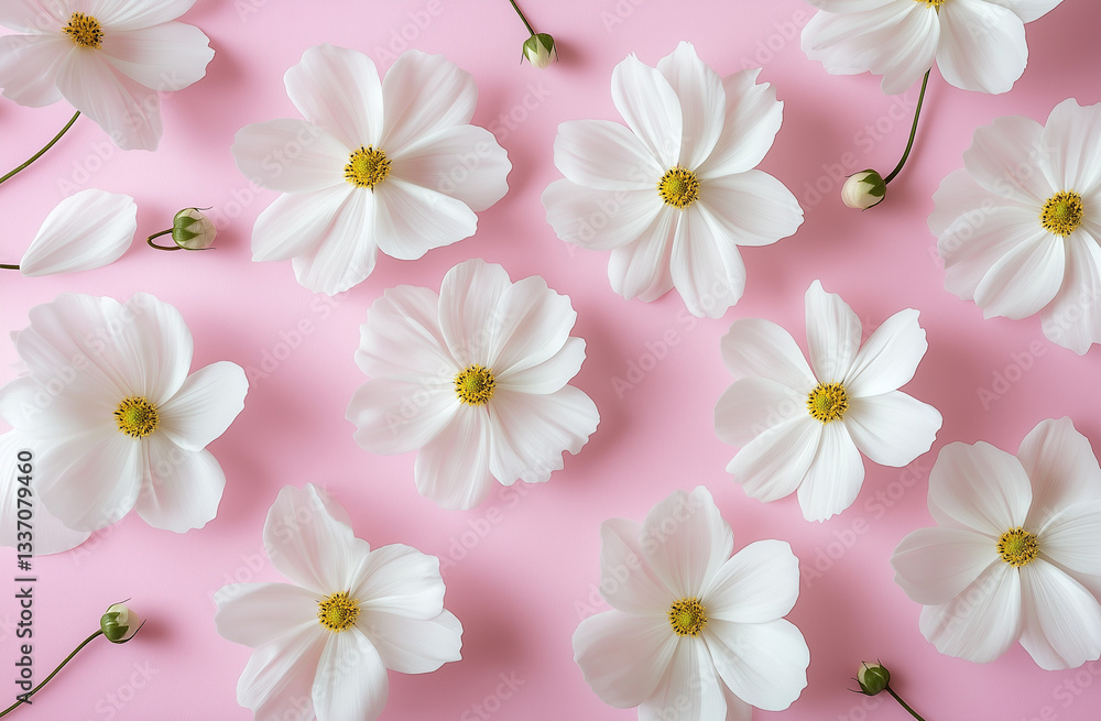 Obraz premium Minimalist Flat Lay of White Cosmos Flowers on Pink Background – Aesthetic Floral Pattern for Wedding Cards, Birthday Cards, Product Packaging & Social Media Design