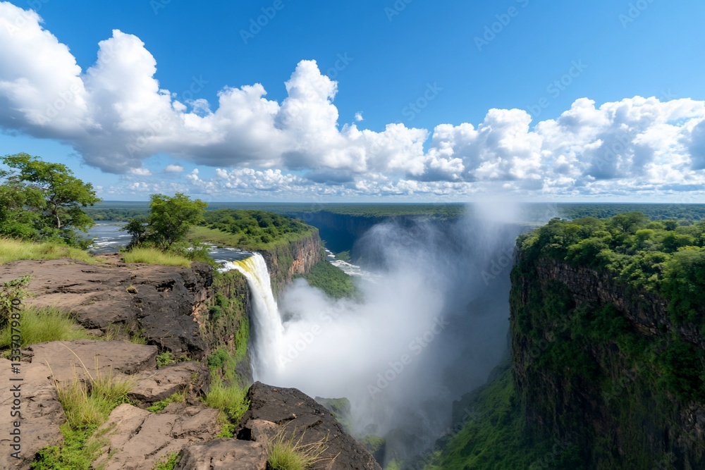 Fototapeta premium Majestic waterfall cascading into a lush gorge under a vibrant blue sky