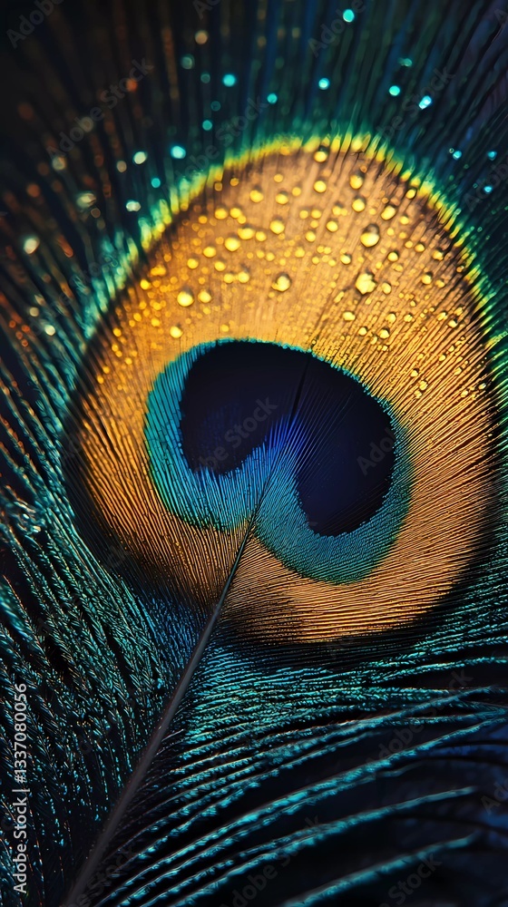Naklejka premium Single peacock feather with radiant colors and detailed eye pattern, symbolizing beauty, nature, and artistic inspiration, great for decorative themes, stylized comic book illustration