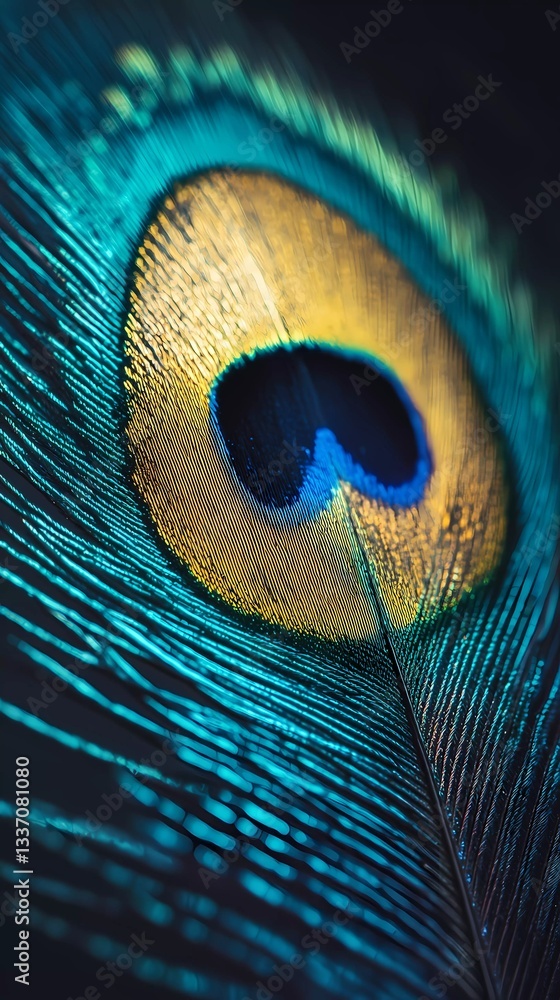 Fototapeta premium Single peacock feather with radiant colors and detailed eye pattern, symbolizing beauty, nature, and artistic inspiration, great for decorative themes, stylized comic book illustration