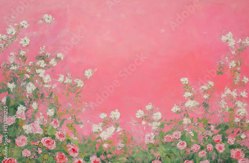 Minimalist Flat Lay of White Cosmos Flowers on Pink Background – Aesthetic Floral Pattern for Wedding Cards, Birthday Cards, Product Packaging & Social Media Design