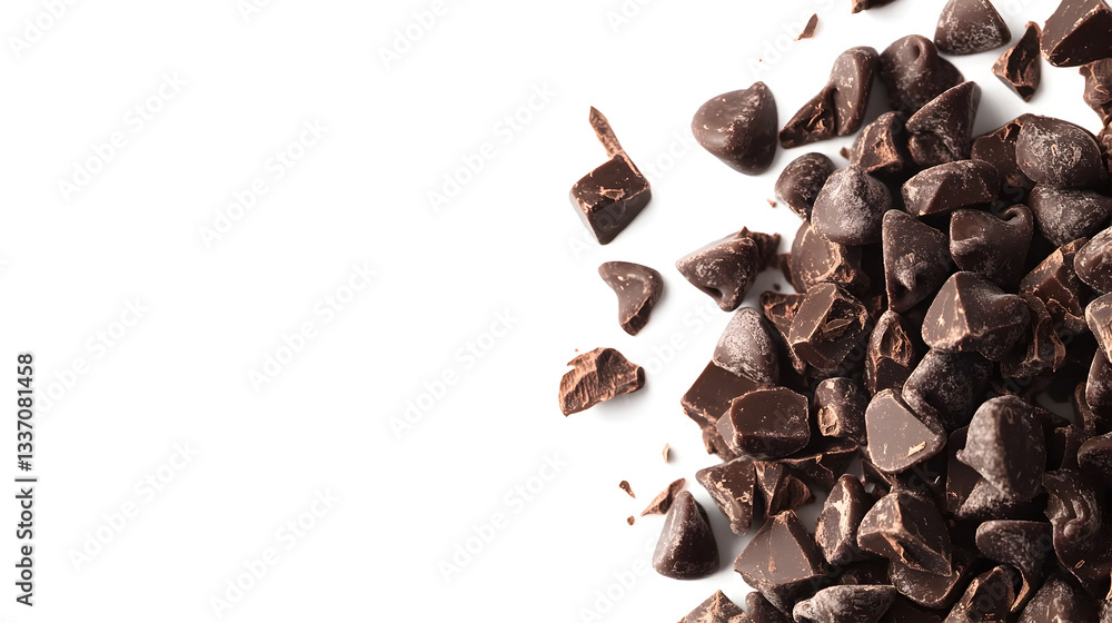 A pile of chocolate chips on a white background. Concept of indulgence and temptation, as the chocolate chips are piled high and ready to be eaten A pile of chocolate chips on a white background. Concept of indulgence and temptation, as the chocolate chips are piled high and ready to be eaten