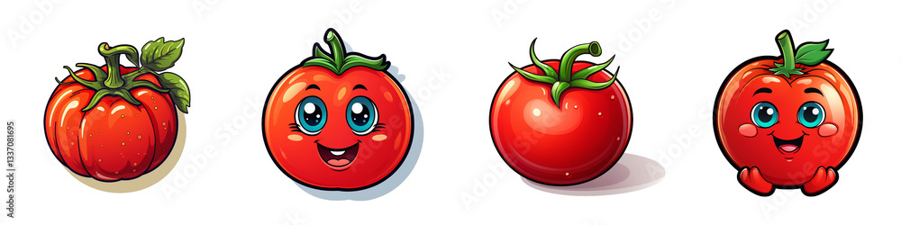 Cartoon tomatoes sit, smiling, on a white background; some have realistic rendering isolated on white or transparent Cartoon tomatoes sit, smiling, on a white background; some have realistic rendering isolated on white or transparent