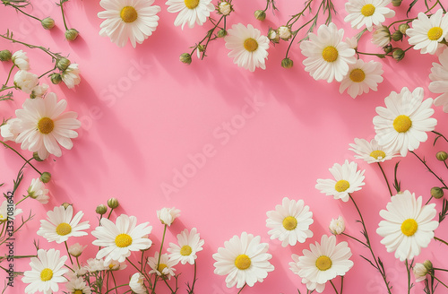 Minimalist Flat Lay of White Cosmos Flowers on Pink Background – Aesthetic Floral Pattern for Wedding Cards, Birthday Cards, Product Packaging & Social Media Design