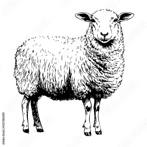 Black and white illustration of a sheep standing alone for farm design and nature themes. Black outlines, white background. Graphic art