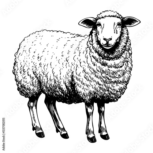 Realistic illustration of a sheep in black and white for farm animal design. Graphic art