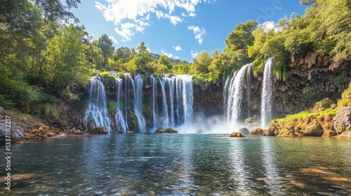 Majestic waterfall cascading into serene lake nature reserve landscape photography peaceful environment scenic view