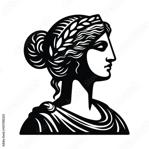 ancient greek girl portrait, simple flat line drawing of woman isolated on transparent