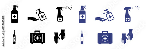 Disinfection. Hand hygiene. Set of hand sanitizer bottles, washing gel, spray, liquid soap, wipes, first aid kit, rubber gloves, thermometer. Black icons.  PPE personal