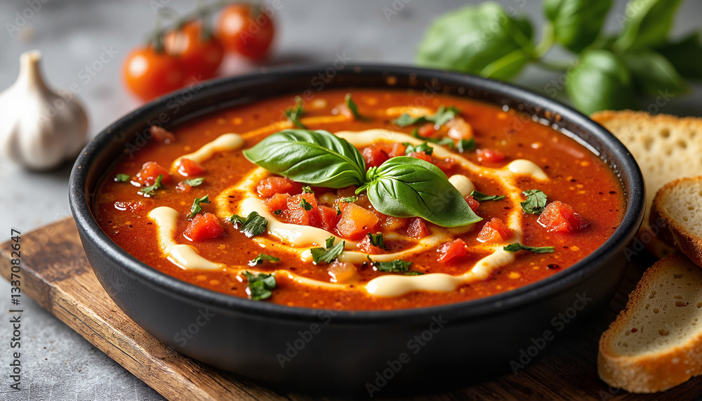 Delicious tomato soup garnished with basil and bread slices Delicious tomato soup garnished with basil and bread slices