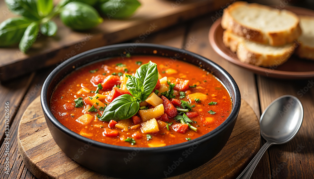 Colorful vegetable soup in black bowl with fresh basil Colorful vegetable soup in black bowl with fresh basil