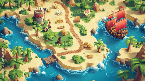 Pirate game map. Vector cartoon illustration of tropical islands with palm trees, old ship with scarlet sails, path to treasure chest. Pirate adventure route for navigation between gaming levels