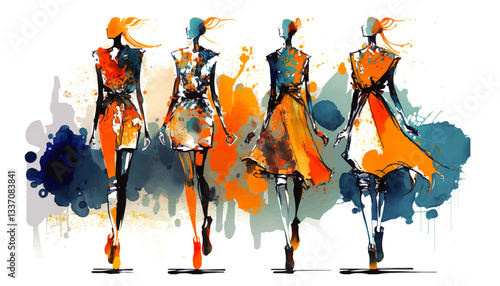 models on a catwalk with colorful summer dresses, abstract female fashion show,  artistic watercolor  vector illustration isolated on white background