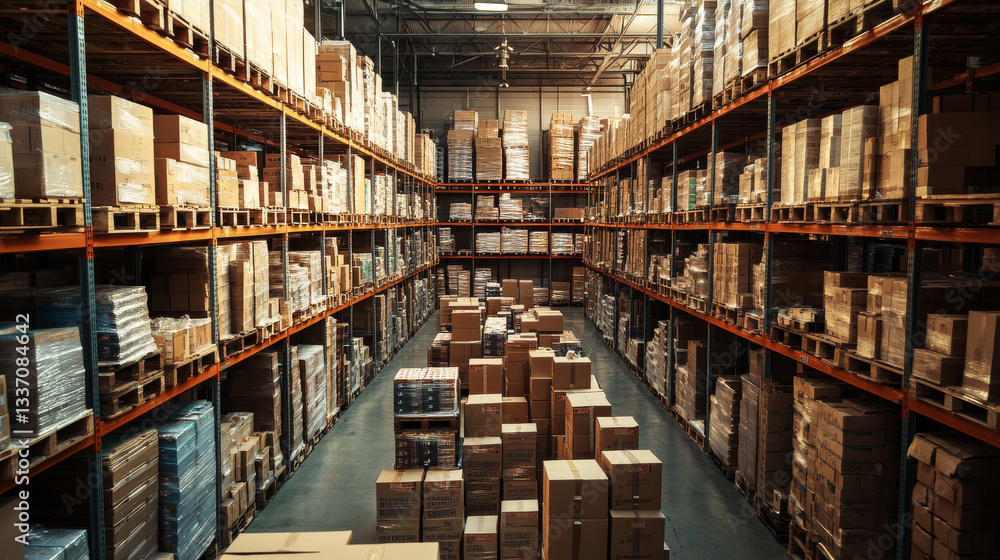 Warehouse storage interior with pallet and box. Full rack in store delivery stockroom. Distribution hangar building with crowded shelf of inventory in wood crate and cardboard package game panorama Warehouse storage interior with pallet and box. Full rack in store delivery stockroom. Distribution hangar building with crowded shelf of inventory in wood crate and cardboard package game panorama