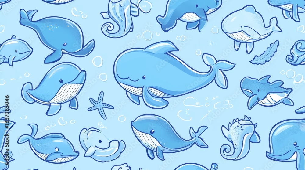 Naklejka premium Seamless pattern with cute whales, fish, and starfish swimming in the ocean, perfect for children's products or any project related to marine life