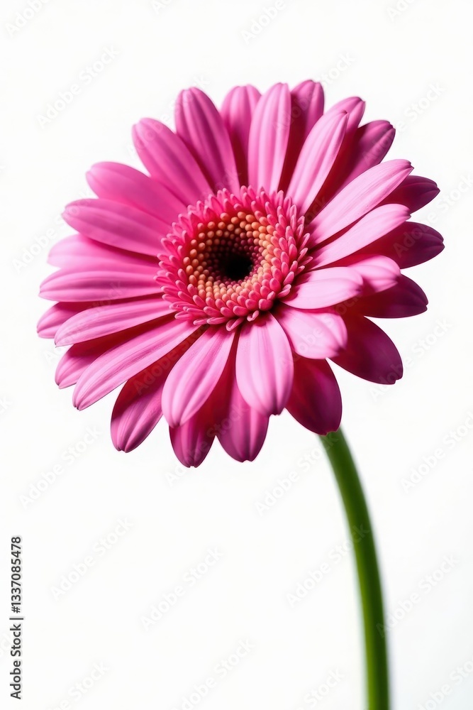 Vibrant pink gerber daisy, petals unfurled, crisp white backdrop, plant, blossom Vibrant pink gerber daisy, petals unfurled, crisp white backdrop, plant, blossom