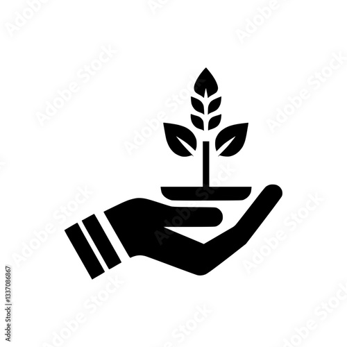 Silhouette icon of a hand holding a growing plant, representing care for nature and sustainability