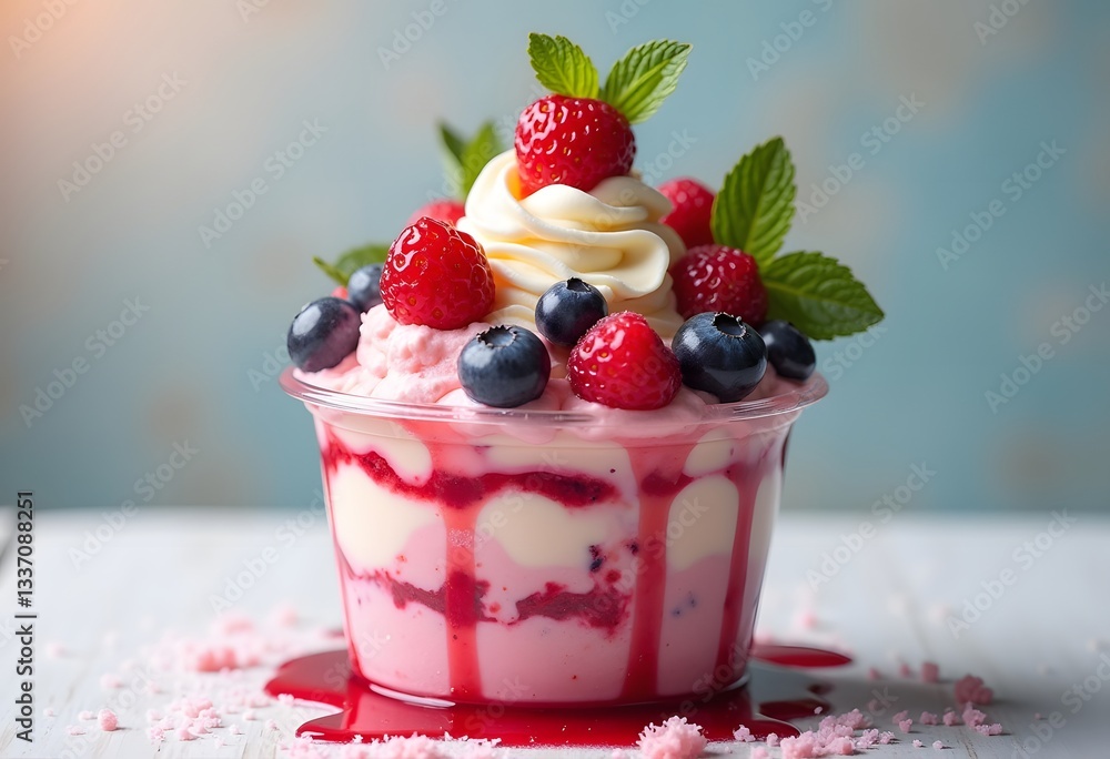 Delicious gourmet dessert with fresh berries, cheesecake, and creamy yogurt topped with strawberries, raspberries, blueberries, blackberries, and mint on a white plate Delicious gourmet dessert with fresh berries, cheesecake, and creamy yogurt topped with strawberries, raspberries, blueberries, blackberries, and mint on a white plate