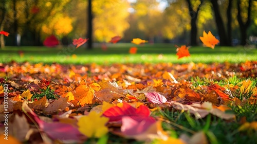 Autumn leaves falling city park nature photography vibrant colors ground level seasonal beauty