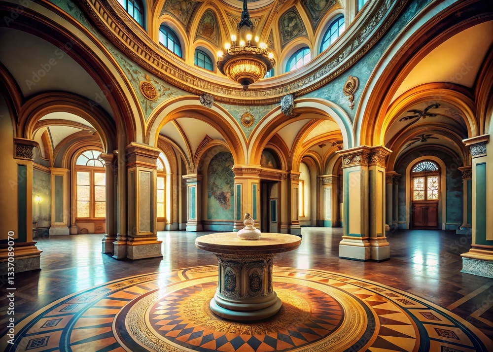 Obraz premium Grand Hallway Circular Pedestal Ornate Arches Architectural Detail Stock Photo