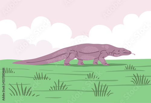 Komodo dragon on the background of nature. Large predatory retile walks on the grass in search of prey. Animals, fauna and wildlife. Vector illustration