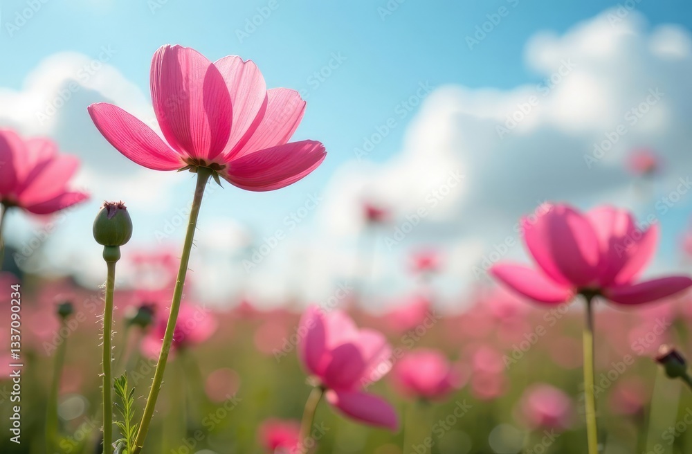 Obraz premium Beautiful pink flowers anemones and God's cow in spring nature in the open air against the blue sky, macro, soft focus. Magic colorful artistic image of the tenderness of nature, spring flower wallpap