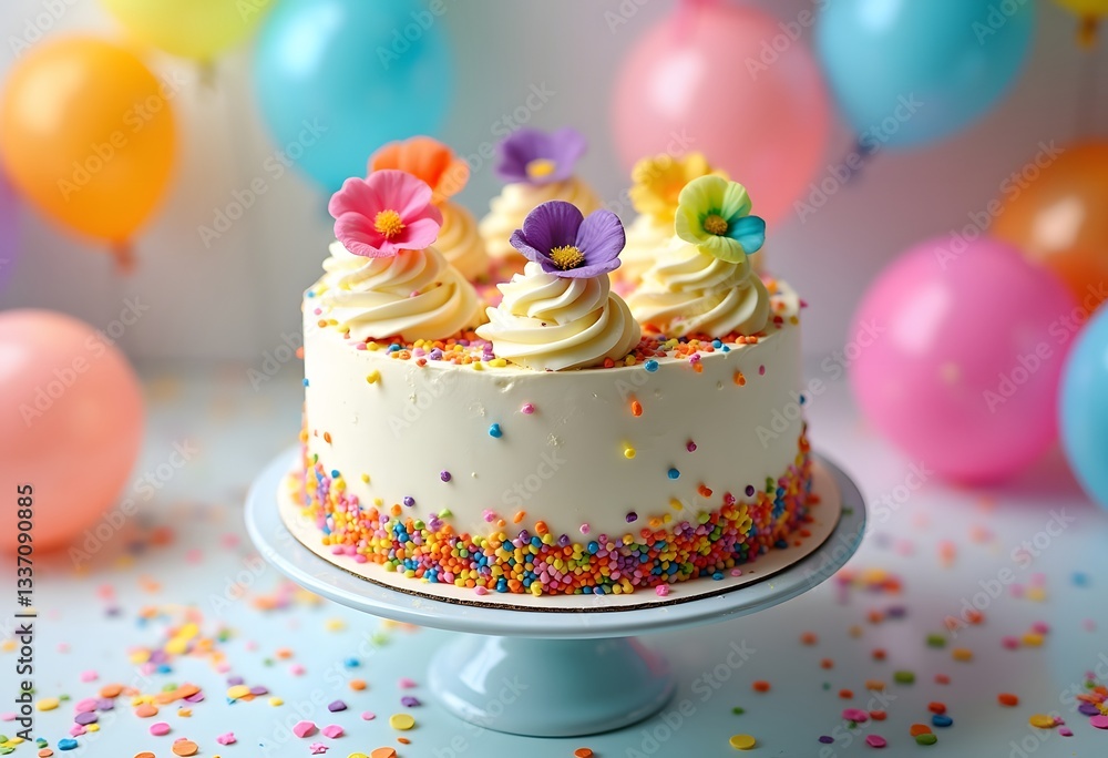 Birthday cake with candles, balloons, and colorful frosting decorated for a celebration Birthday cake with candles, balloons, and colorful frosting decorated for a celebration