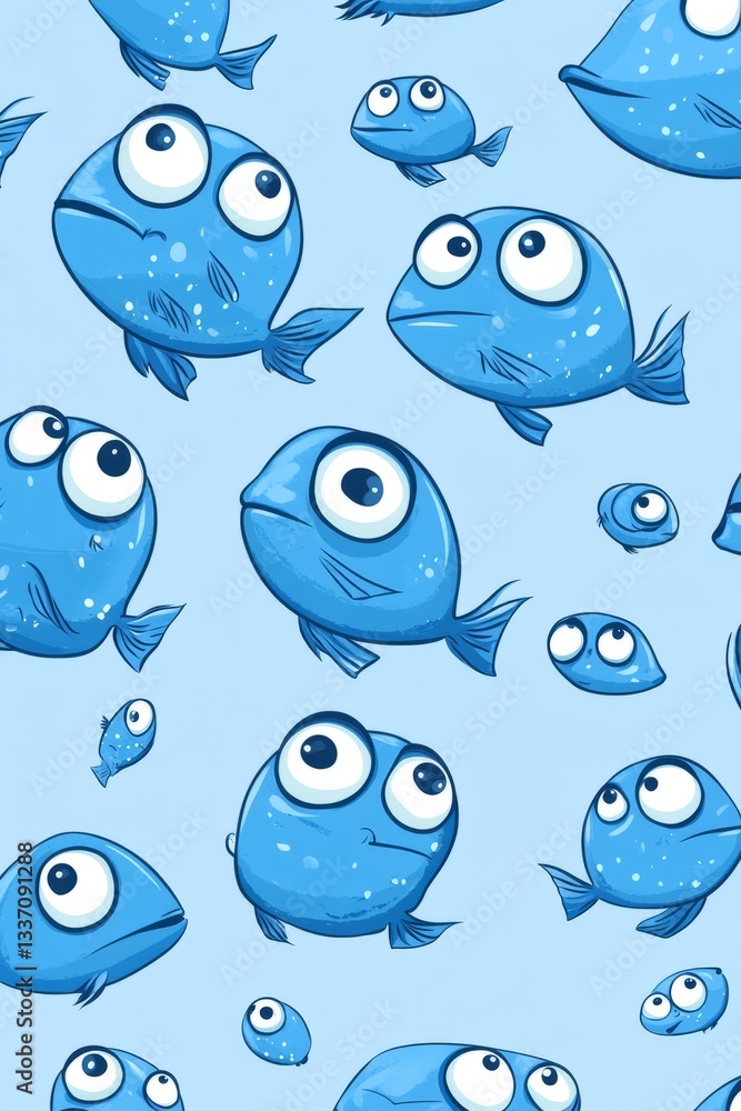 Fototapeta premium Seamless pattern with cute blue fish swimming on a light blue background, ideal for children's products and textiles
