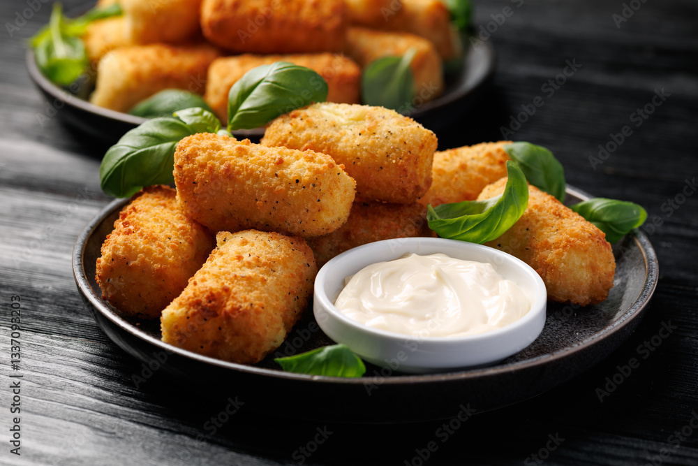 Homemade potato croquettes with mayonnaise. Traditional croquette. Homemade potato croquettes with mayonnaise. Traditional croquette.